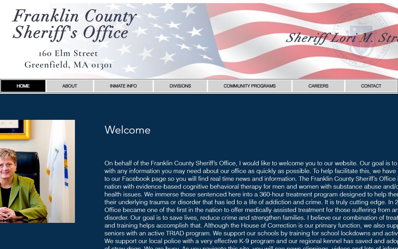 Franklin County Sheriff's Office homepage showing Greenfield jail contact information