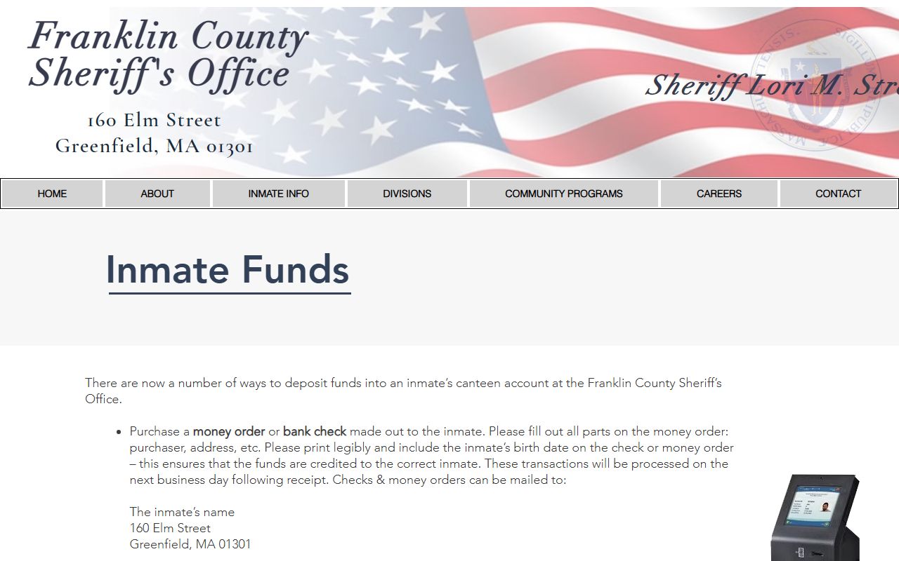 Franklin County Sheriff's Office inmate funds page naming Access Corrections