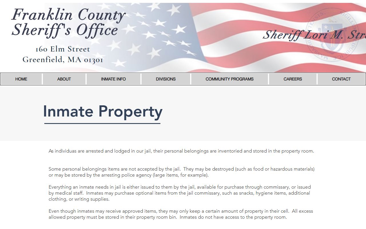 Franklin County Sheriff's Office inmate property rules including Kimball House drop-off limits