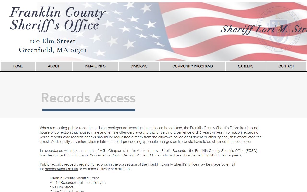 Franklin County inmate records request page from the Franklin County Sheriff's Office