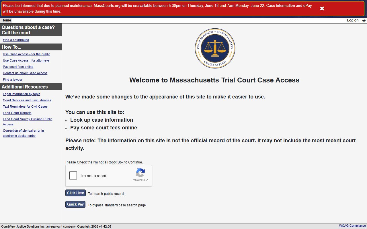 MassCourts Trial Court case access portal